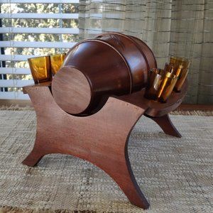 Wooden Barrel Set with 6 Glasses, Vintage Stand Caddy 9.5"